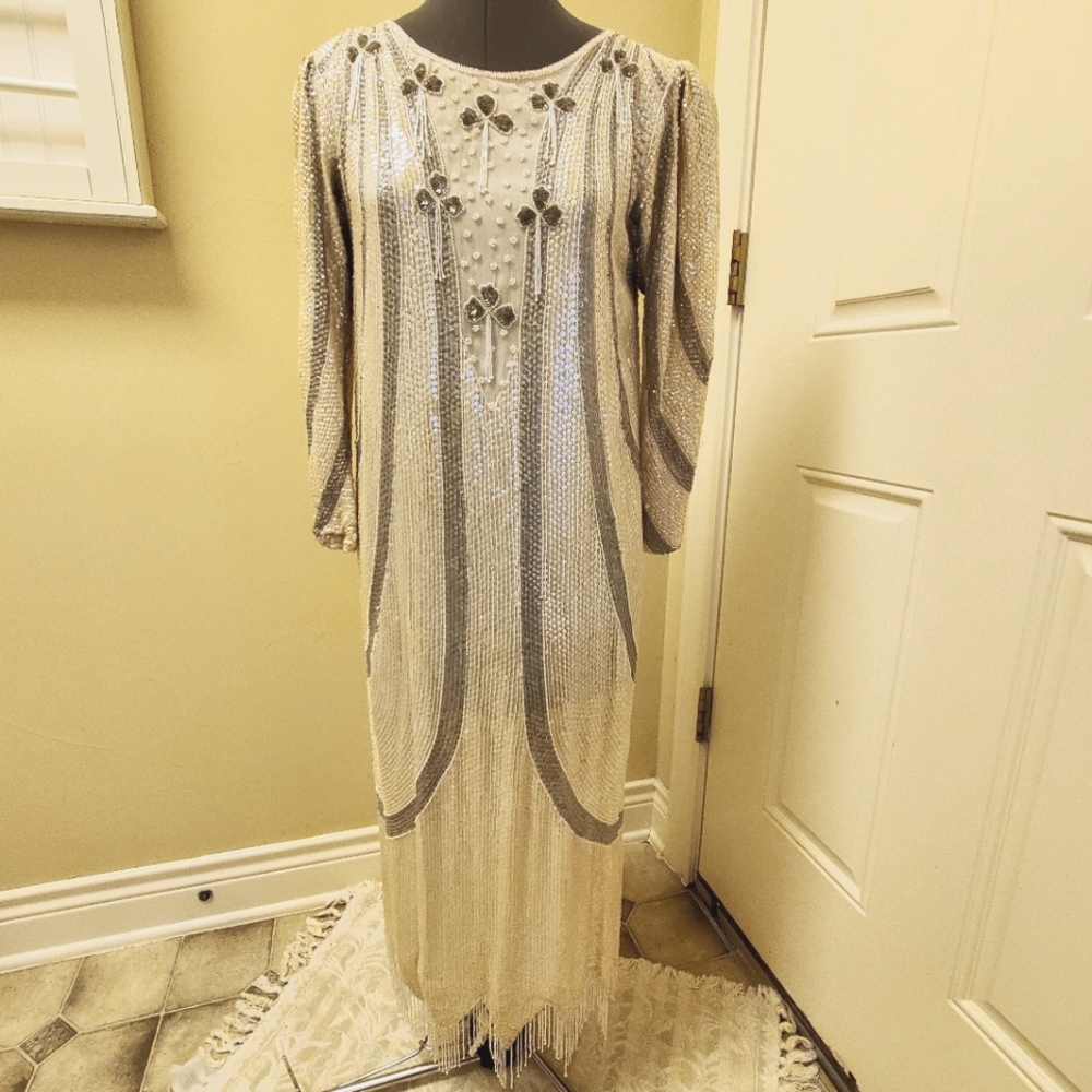 Beaded Sequined 100% Silk Evening Dress, Size S